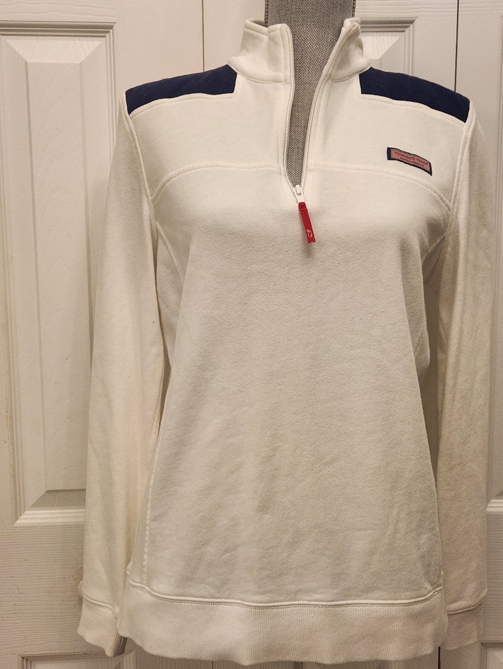 Vineyard Vines White Half-Zip Pullover with Navy Shoulder Panels